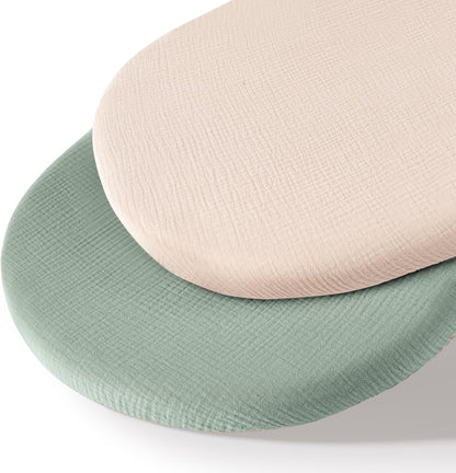 MairMore 2 Pack Muslin Fitted Bassinet Sheets for Babies, Soft & Breathable 100% Cotton Bedside Sleeper Bassinet Sheet, Moses Basket Oval Rectangle Pad/Mattress (Pink Blossom)