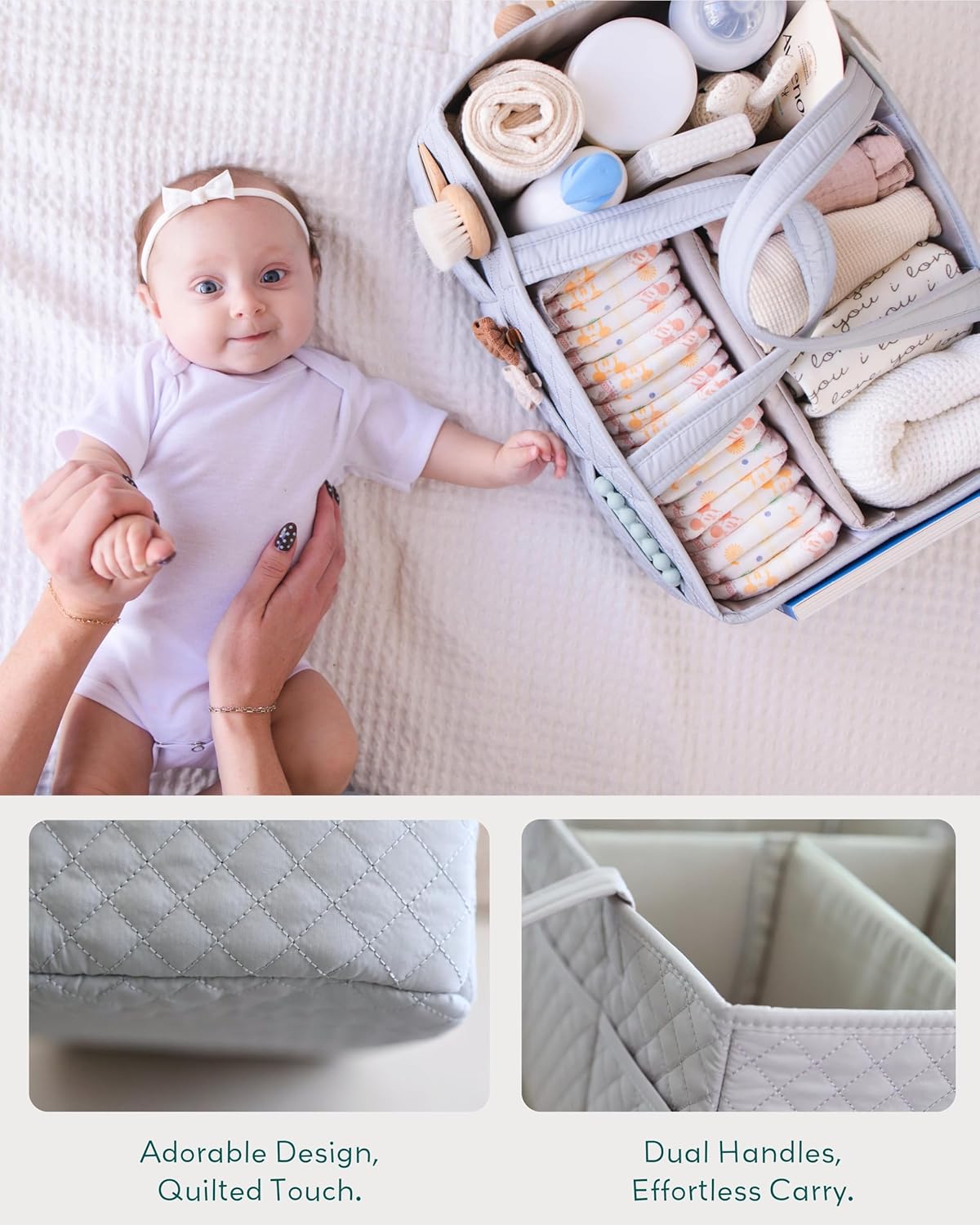Lily Miles Baby Diaper Caddy Organizer, Quilted Nursery Storage Basket for Newborn Essentials and Diaper Changing Station, Gift for Baby Shower and Registry Must-Have (Willow Green)