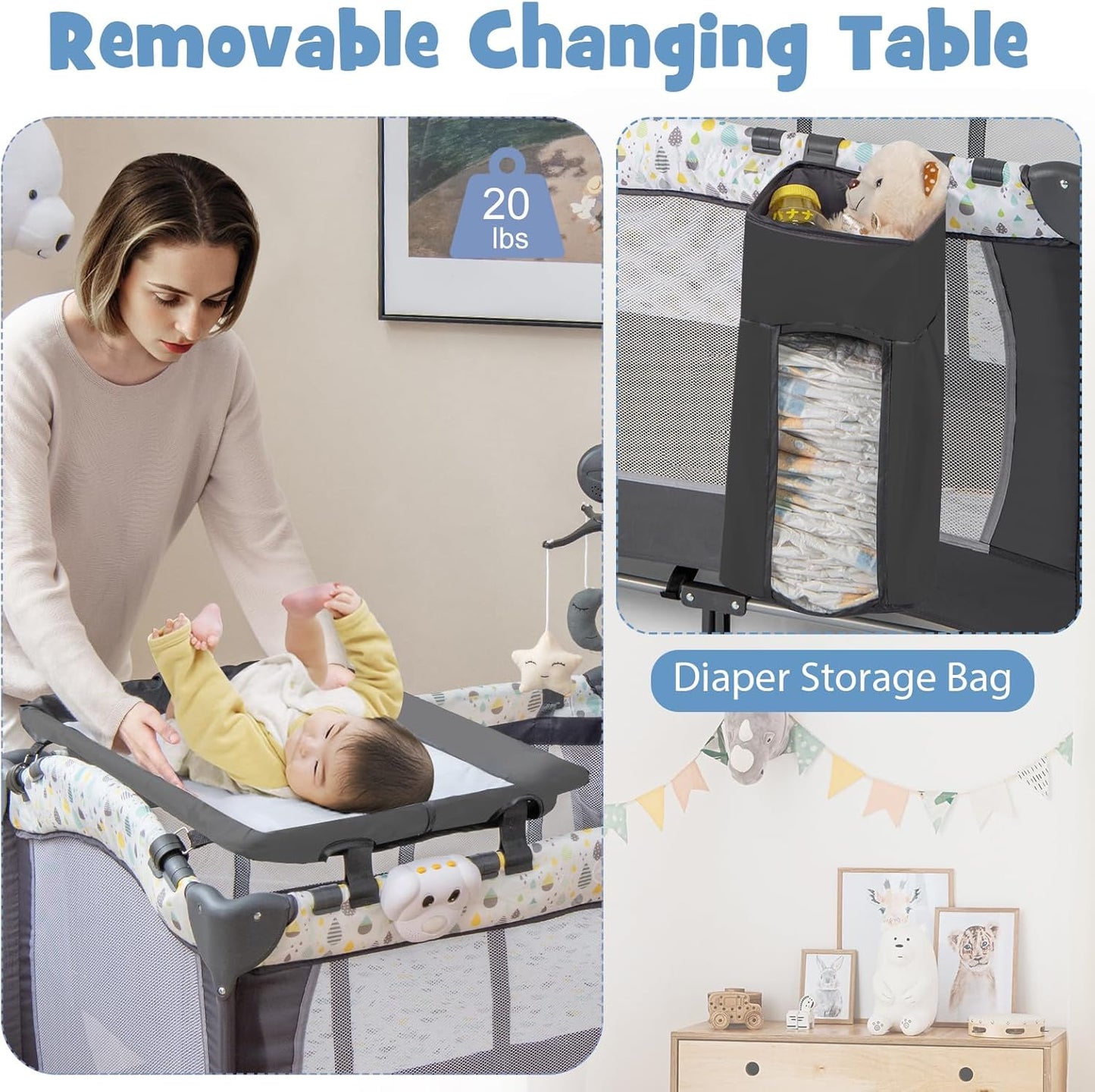 HONEY JOY Pack and Play, 4 in 1 Portable Baby Playard with Bassinet, Changing Table, Lockable Wheels, Music Box, Foldable Travel Baby Crib Nursery Center from Newborn to Toddler (Dark)