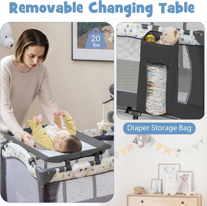 HONEY JOY Pack and Play, 4 in 1 Portable Baby Playard with Bassinet, Changing Table, Lockable Wheels, Music Box, Foldable Travel Baby Crib Nursery Center from Newborn to Toddler (Dark)