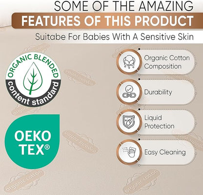 Deluxe Organic Crib Mattress Protector Pad – Waterproof & Breathable Organic Cotton Cover for Baby & Toddler Beds – Premium 280 GSM Knitted Jacquard, Soft Jersey Skirt