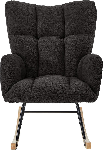 Glider Chair for Living Room & Nursery, Tufted Upholstered Teddy Rocking Chair with High Backrest & Stable Metal Frame, 300lbs Capacity, Comfy Rocker Glider for Adults & Kids, Office & Bedroom(Gray)