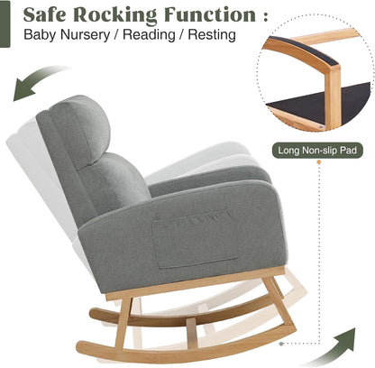 HCHAIRH Rocking Chair Nursery, Upholstered Fabricr Nursing Rocking Chairs with Soft High Back, Modern Nursery Glider Rocker for Mom Living Room, Bedroom, Camel