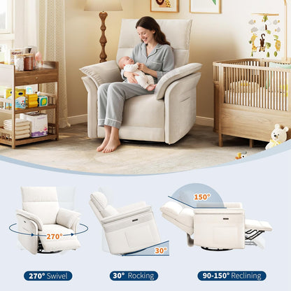 GAOMON Swivel Rocking Recliner Chair, Manual Leather Recliner Glider with Lumbar Support & Padded Armrest, Comfortable Rocker Nursery Single Sofa for Living Room and Bedroom (Cream)