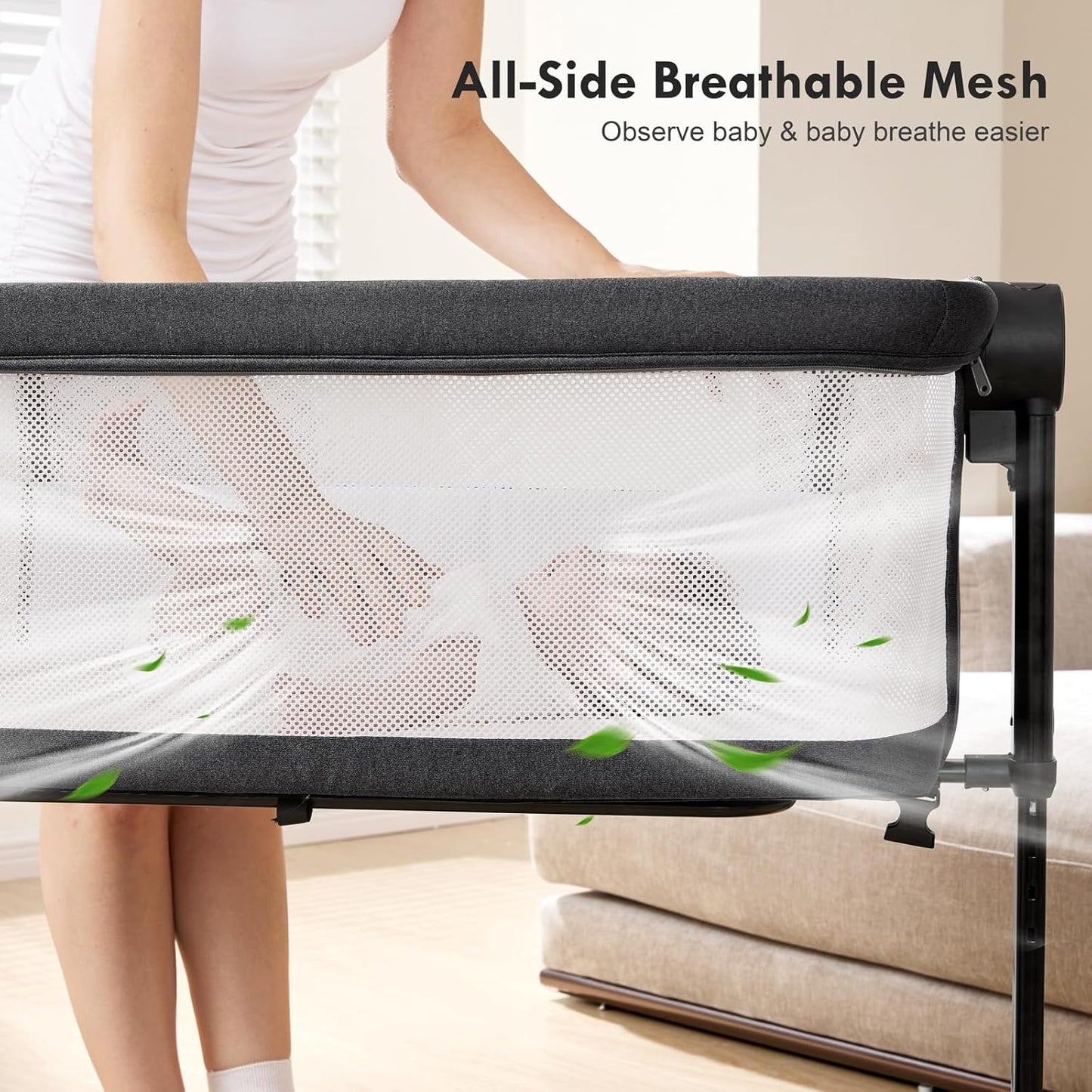 Bassinet Bedside Sleeper - All-Mesh Design, Portable Bedside Bassinet for Baby with Washable Mattress, 5 Adjustable Heights（Beige）