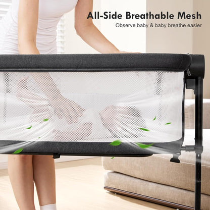 Bassinet Bedside Sleeper - All-Mesh Design, Portable Bedside Bassinet for Baby with Washable Mattress, 5 Adjustable Heights（Beige）