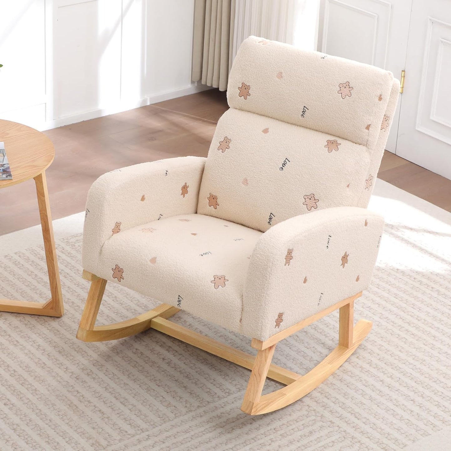 HCHAIRH Rocking Chair Nursery, Upholstered Fabricr Nursing Rocking Chairs with Soft High Back, Modern Nursery Glider Rocker for Mom Living Room, Bedroom, Camel