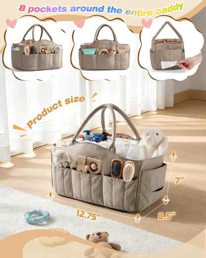 Marscamd Quilted Baby Diaper Caddy with Detachable Dividers and Wipes Pocket, Lightweight Baby Caddy Organizer with Handles and 8 Pockets for Baby Stuff, Dusty Blue