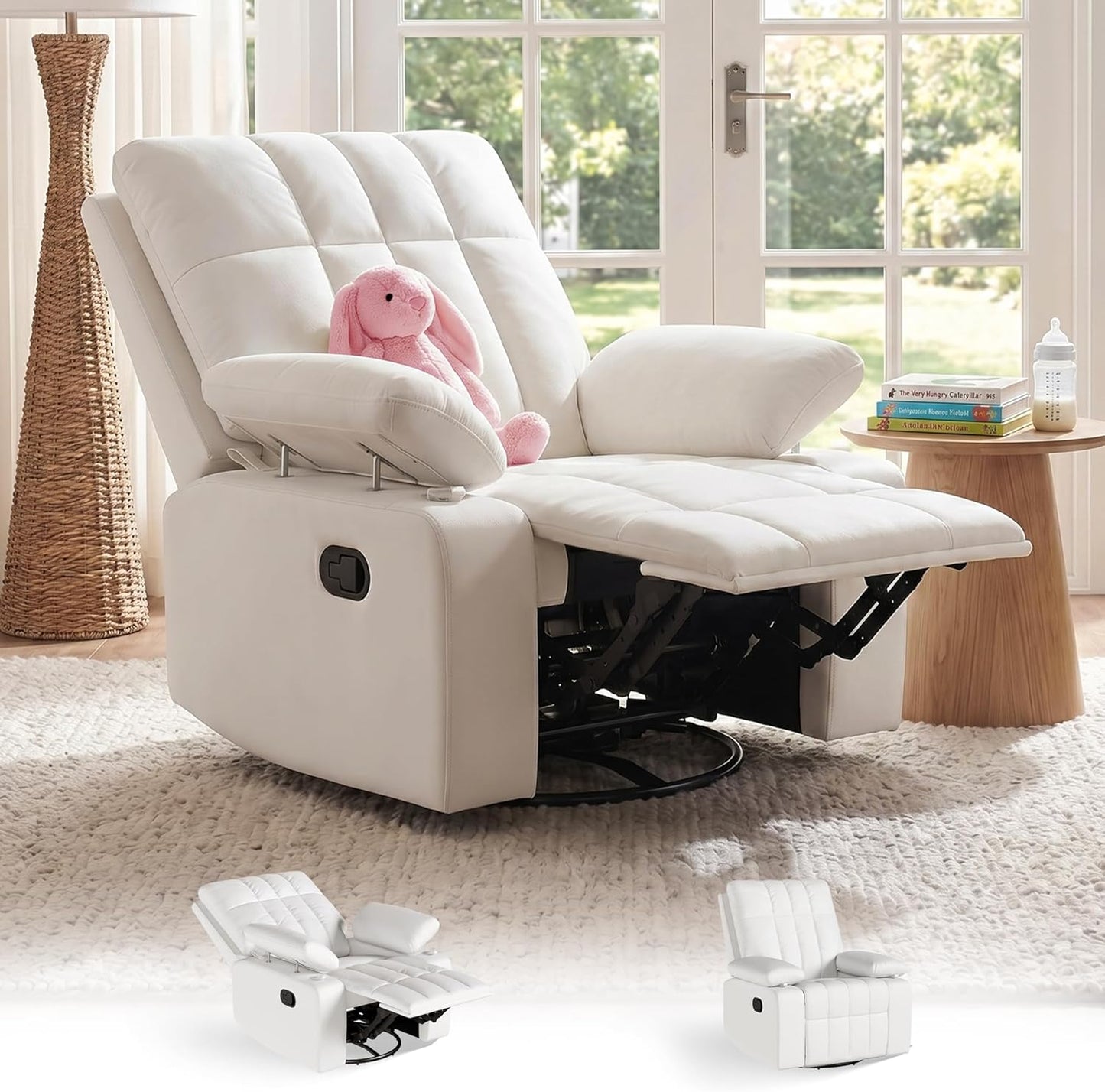 AILEEKISS Nursery Glider Recliner Rocking Chair w/Adjustable Armrests, Oversized 360° Swivel, 30° Rocker, 90°-160° Recline, White Leather Reclining Nursing Living Room Chair for Breastfeeding Bedroom