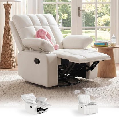 AILEEKISS Nursery Glider Recliner Rocking Chair w/Adjustable Armrests, Oversized 360° Swivel, 30° Rocker, 90°-160° Recline, White Leather Reclining Nursing Living Room Chair for Breastfeeding Bedroom