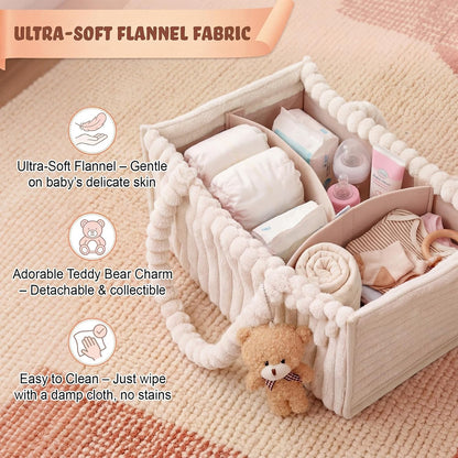 Abbylike 2 Pack Flannel Diaper Caddy Organizer with Gift Bag and Bow, Baby Shower Gift Basket with Handle, Portable Nursery Storage Basket Bin for Diapers, Wipes, Newborn Essentials