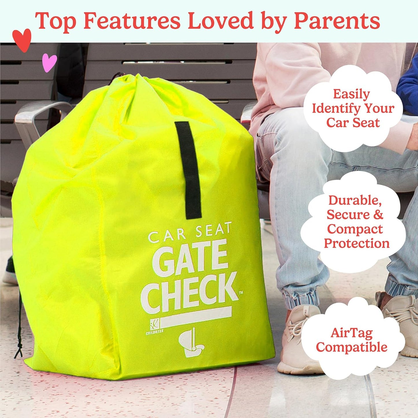 J.L. Childress Gate Check Travel Bag for Car Seats - Car Seat Travel Bag for Airplane, Includes AIRTAG Holder, Fits All Baby Carriers, Infant Carriers & Child Booster Seats - Neon Blue