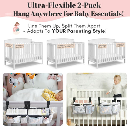 2-Pack Hanging Diaper Organizer for Crib & Changing Table | 50+ Large Capacity Baby Diaper Caddy, Washable Newborn Essentials Organizer for Baby Girl, Ideal Baby Shower Gifts with Hook Straps