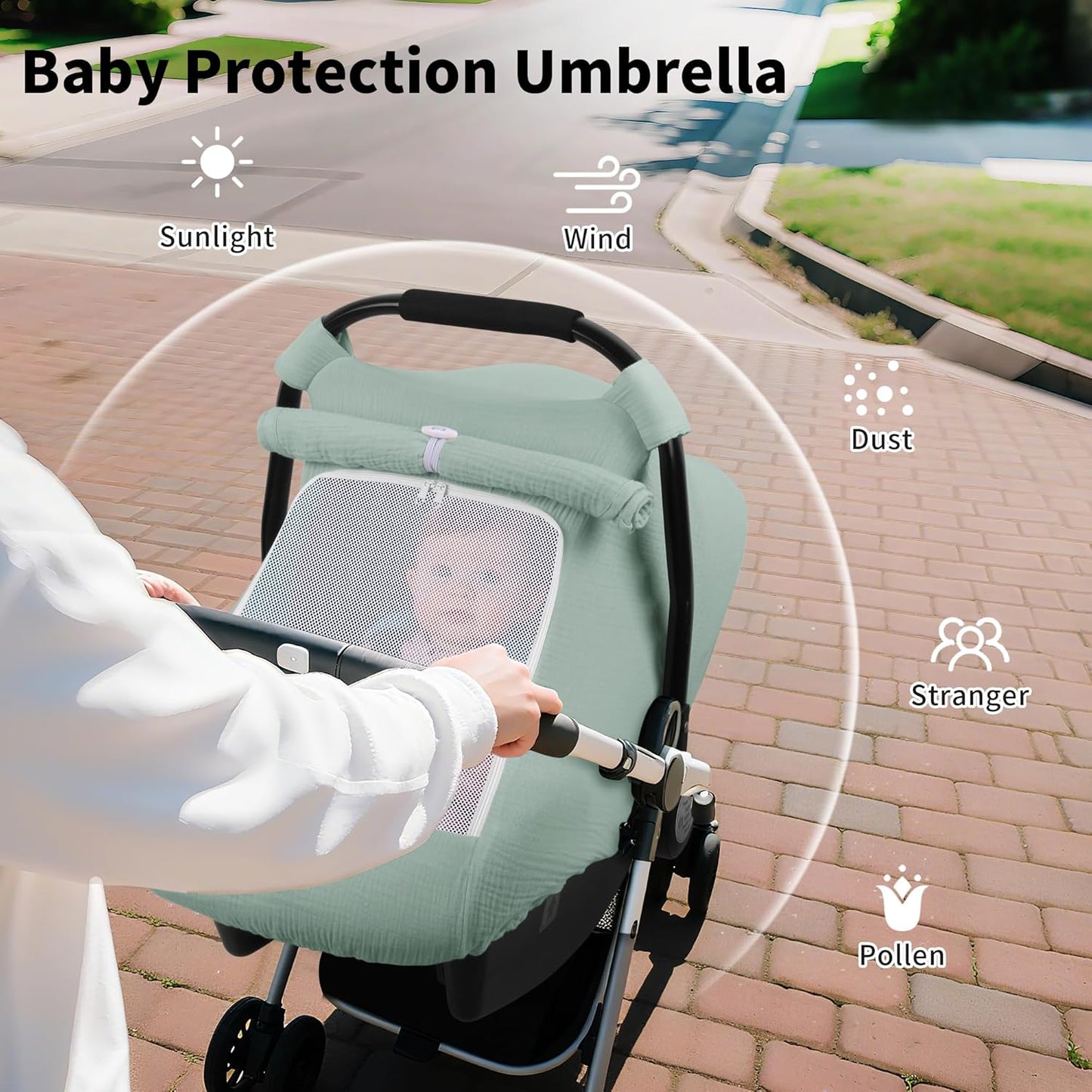Rquite Car Seat Cover Baby, Carseat Covers Girl Boy, Breathable Muslin Cotton, Large Mesh Window, Infant Car Seat Canopy Baby Carrier Cover Stroller Sun Shade for Summer & Hot Day