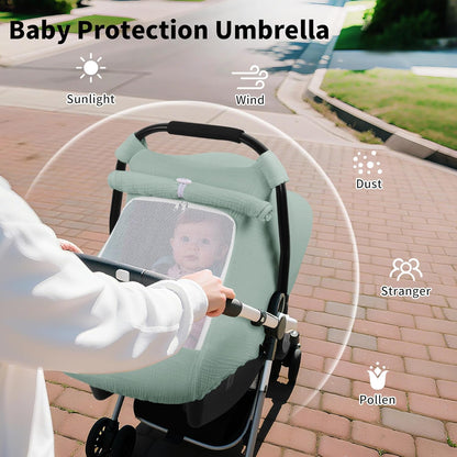 Rquite Car Seat Cover Baby, Carseat Covers Girl Boy, Breathable Muslin Cotton, Large Mesh Window, Infant Car Seat Canopy Baby Carrier Cover Stroller Sun Shade for Summer & Hot Day