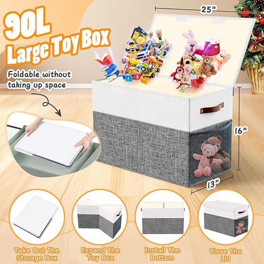 Large Toy Storage Box with Lid Divider, Sturdy Collapsible Toys Organizer Chest Kids Storage Bins Boxes Baskets for Boys, Girls, Nursery, Bedroom, Living Room, Playroom, 25"x13"x16", Gray and White