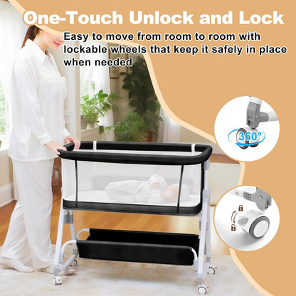 Baby Bassinet,3 in 1 Bedside Bassinet for Baby with Hanging Toys,Foldable Baby Bassinets Bedside Sleeper,4-Sided Mesh Bedside Crib with Wheels and Storage Basket,6 Height Adjustable (Light Grey)