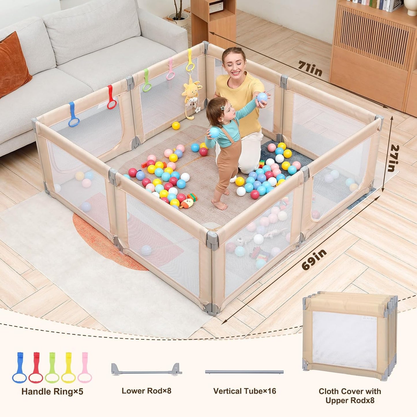 Dripex Baby Playpen, 47"x47" Small Playpen for Babies, Enhanced Safety Baby Play Yard for Indoor & Outdoor, Infant Play Pen with Soft Breathable Visible Mesh, Anti-Fall Design & Easy Setup, Grey