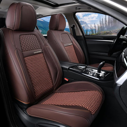 Coverado Leather Seat Covers for Car, Waterproof Car Seat Covers Full Set, 2 in 1 Conversions Car Seat Cover Protector Car Accessories Universal Fit for Most Cars SUVs and Trucks Beige