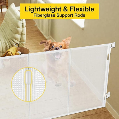 Reinforced 42” Extra Tall Retractable Dog Gate for Doorways, Extends up to 60” Wide, Mesh Baby Gate, Tall Baby Gates with Rods to Prevent Crawling Through Retractable Pet Gate Indoor Outdoor, White