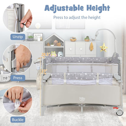 BABY JOY 5-in-1 Pack and Play, Portable Baby Bedside Sleeper with Bassinet, U-Shaped Diaper Changer, Safety Strap, Side Zipper Entrance, Hangings, Bedside Crib Playard from Newborn to Toddlers (Gray)