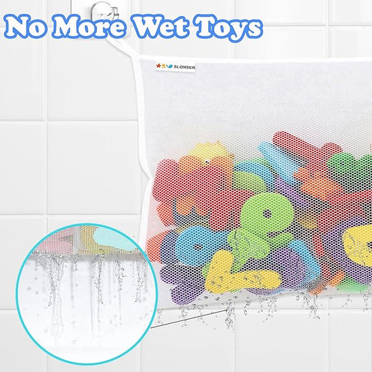 Bath Toy Net for Tub – Large Bath Toy Storage, Mesh Bath Toy Holder for Bathtub, Quick Dry Bathroom Bag for Kids Shower, Hanging Basket Organizer with Strong 6 Suction Cups 4 Adhesive Hooks, 2 Pack