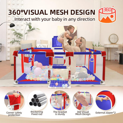 Playpen for Babies and Toddlers,73"x71"Baby Playpen with Mat Indoor＆Outdoor with Breathable Play Pen with Ocean Balls Hanging Pocket Basketball Hoop and Football Goal (Grey with Mat, 73"x71")