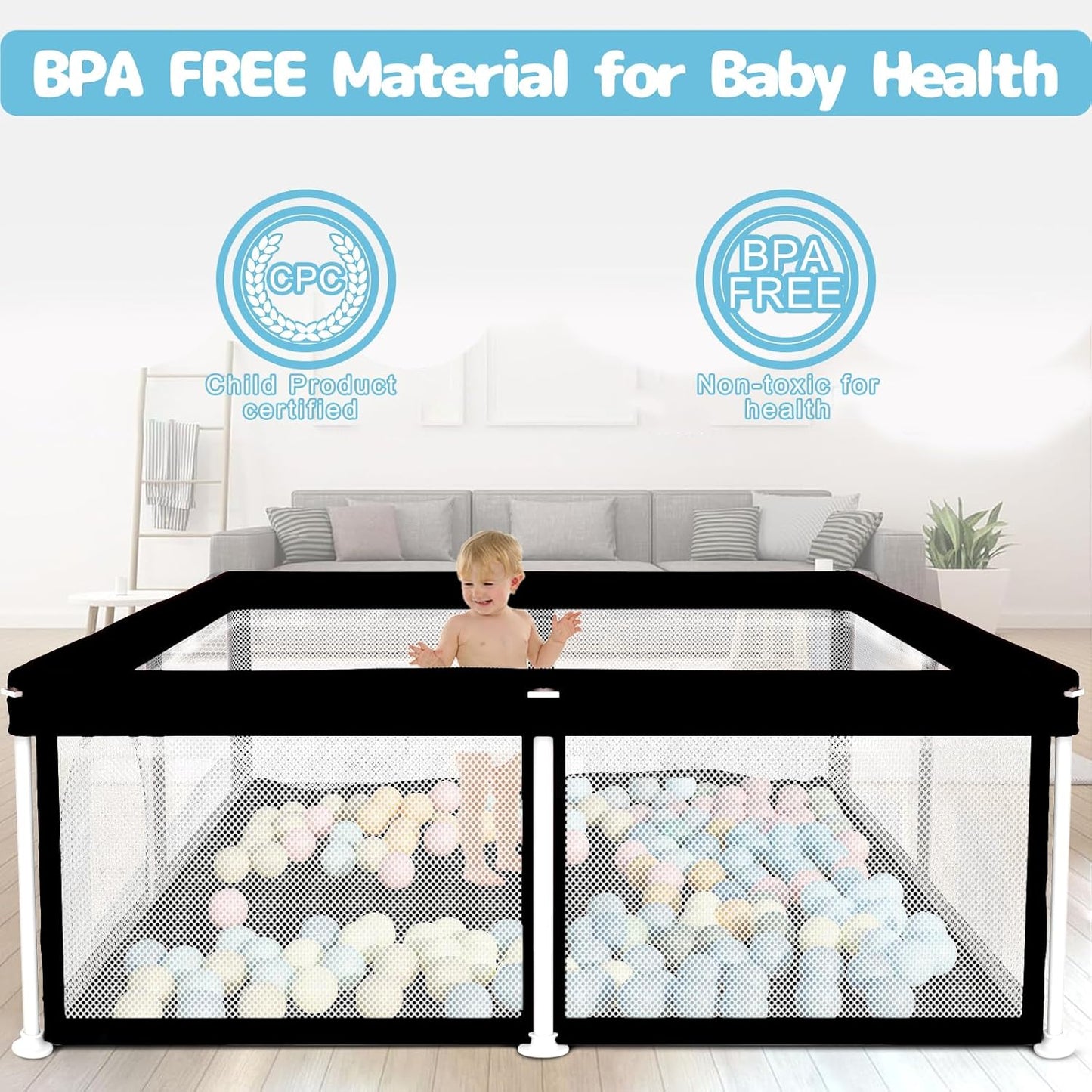 TOREVSIOR Foldable Baby Playpen with Mat, 50"×50" Collapsible Play Pen for Babies and Toddlers, Indoor & Outdoor Kids Safety Play Pen, Portable Play Yard, Foldable Baby Playpen with 50 Ocean Balls