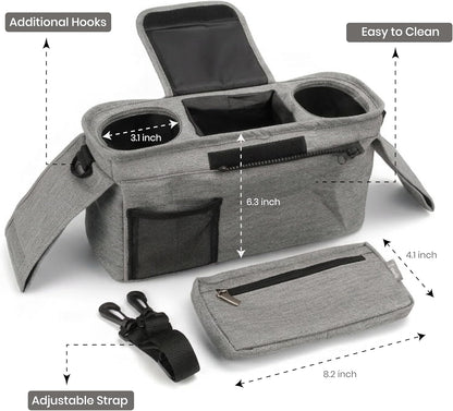 Universal Stroller Organizer, Grey - 2 Insulated Cup Holders - Non-Slip Stroller Caddy Bag - Detachable Phone Pouch - Fits Uppababy, Nuna - New Mom Essentials