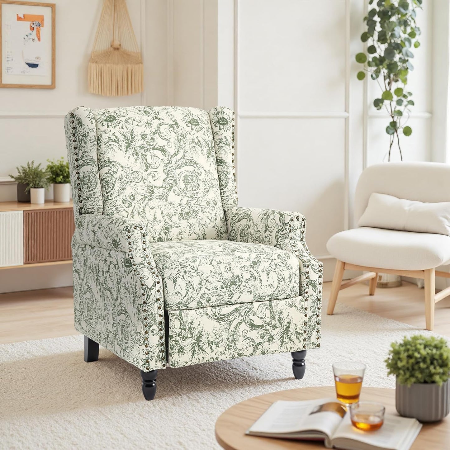 Swivel Rocker Recliner Chair, Manual Nursery Glider Recliner, Floral Fabric Wingback Accent Chair with Adjustable Backrest & Footrest for Small Spaces Living Room Bedroom (Plants Floral, Set of 1)