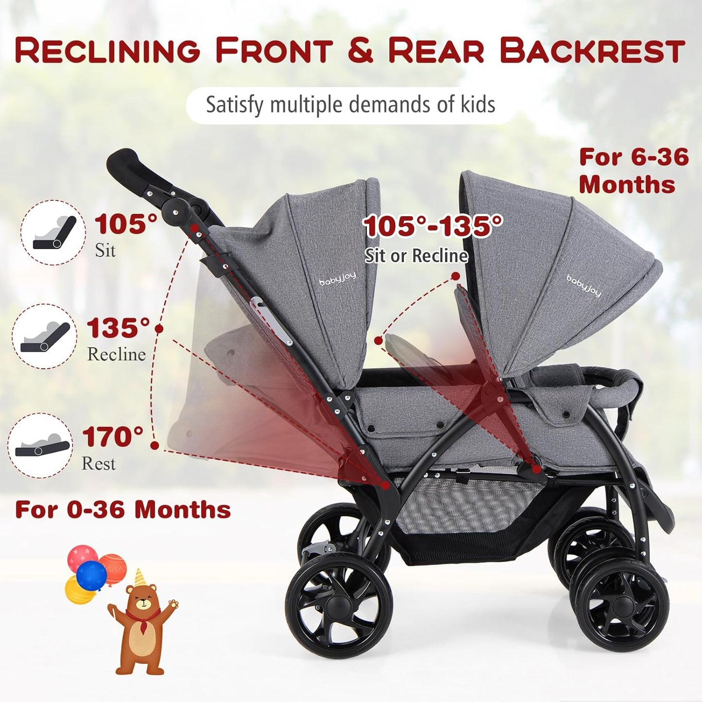HONEY JOY Double Stroller, Foldable Lightweight Infant Twin with Tandem Seating, 5-Point Harness, Recline Seat, Storage Basket, Compact Baby Double Stroller Newborn and Toddler (Black)