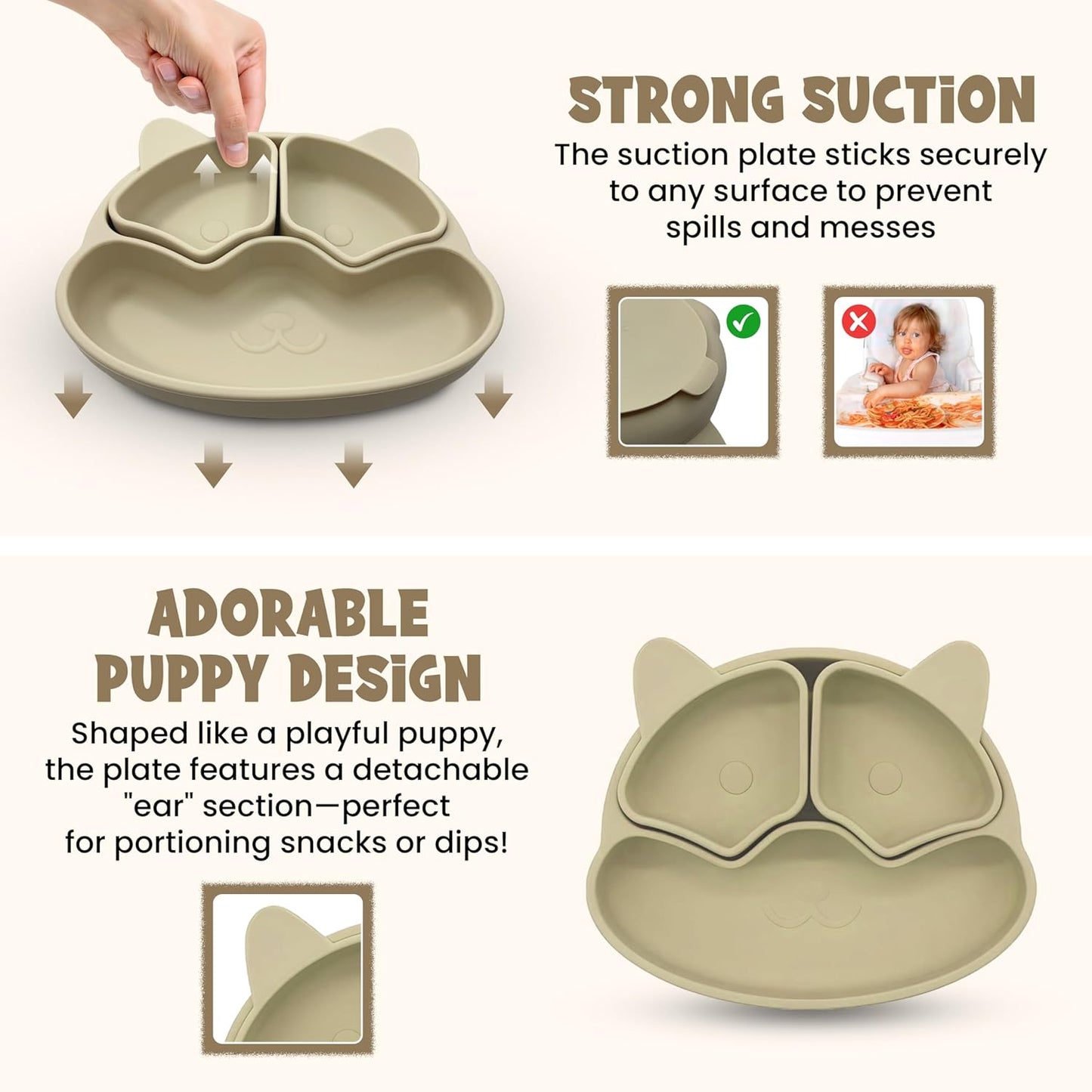 Baby Feeding Essentials, Baby Led Weaning Supplies, Silicone Baby Feeding Set, with Baby Spoon, Fork, Baby Bib, Sippy Cup, Suction Plate, Suction Bowl, Baby Eating Essentials, 6+ Months (Beige)