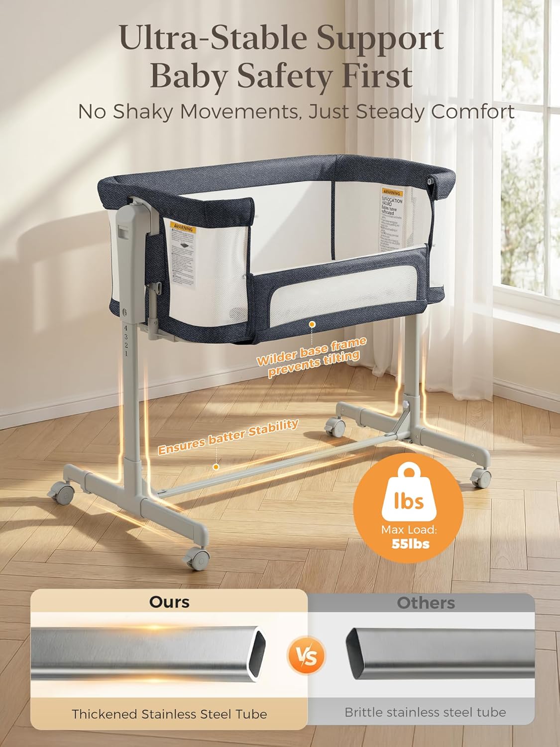 ONTHEWEI Baby Bassinet Bedside Sleeper 3-in-1, Easy Night Feeding with One-Side Fold & Rolling Wheels, Breathable Mesh, 6-Height Adjustable, Soft Mattress for Newborns