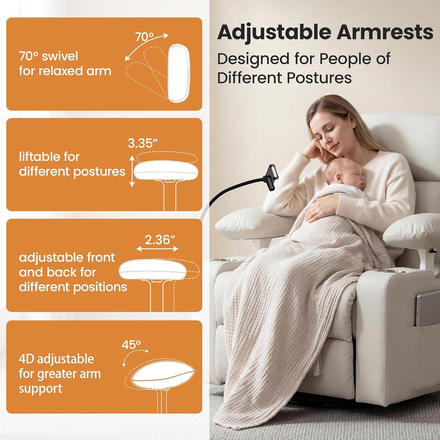 Power Rocking Chair Nursery with Adjustable Armrests and Headrest, Swivel Rocker Recliner with Electric Lumbar Support, Glider Recliners for Breastfeeding, Nursing Chair with USB, Cup Holder, Beige