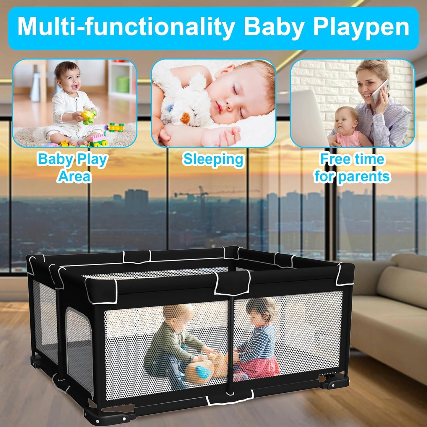 Grobeybees Playpen for Babies and Toddlers, Small Baby Playpen, Playard with Bag, Indoor & Outdoor Play Pen, Sturdy Safety Baby Play Yard with Soft Breathable Mesh(Black, 36x36 inches)