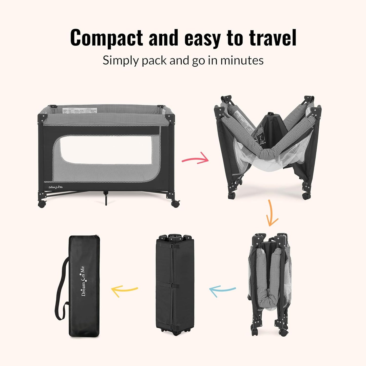 Dream On Me EZGo Portable Playard, Tool-Free Assembly, Easy One-Step Fold, Breathable Mesh Sides, Removable Mattress Pad & Smooth Locking Wheels, Travel Carry Bag Included – Black & White