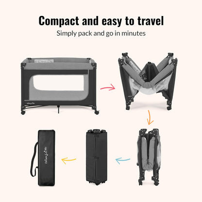 Dream On Me EZGo Portable Playard, Tool-Free Assembly, Easy One-Step Fold, Breathable Mesh Sides, Removable Mattress Pad & Smooth Locking Wheels, Travel Carry Bag Included – Black & White