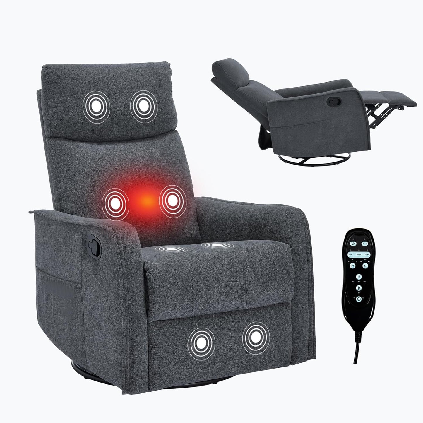 Swivel Rocker Recliner Chair for Adults, Nursery Rocking Chair with Heat and Massage, Glider Reclining Chair for Small Space Living Room Bedroom, Faux Leather Black