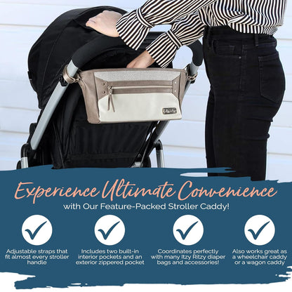 Itzy Ritzy Adjustable Stroller Caddy and Organizer Bag Featuring Front Zippered Pocket, 2 Built-In Interior Pockets & Adjustable Straps to Fit Nearly Any Stroller (Coffee and Cream)