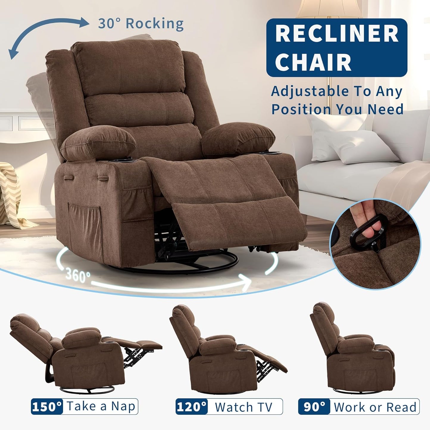 GarveeHome 360° Swivel Recliner Chair for Adult, Linen Rocker Chair with 3 Positions/2 Side Pockets/Cup Holders, Manual Nursery Glider Rocking Chair for Bedroom Living Room Office