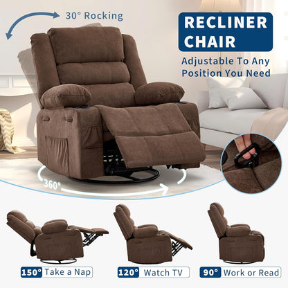 GarveeHome 360° Swivel Recliner Chair for Adult, Linen Rocker Chair with 3 Positions/2 Side Pockets/Cup Holders, Manual Nursery Glider Rocking Chair for Bedroom Living Room Office
