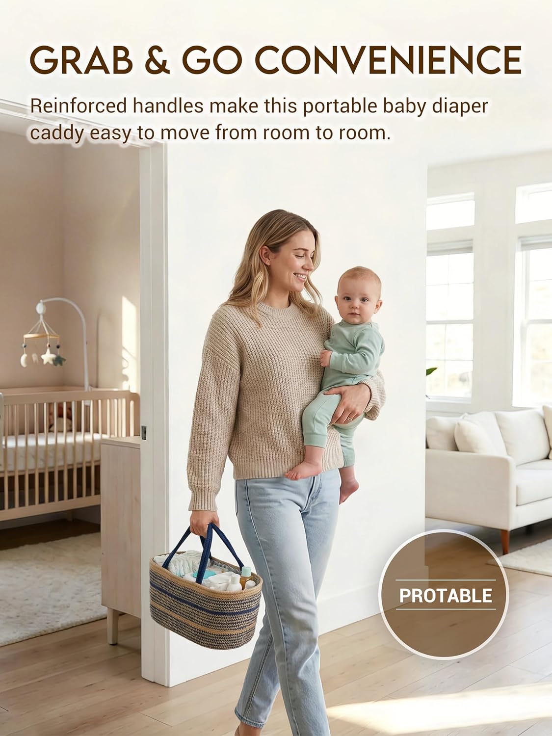 ZOES HOMEWARE Sapphire Blue Diaper Caddy Organizer, Jute Woven Baby Basket, Baby Caddy Nursery Storage Organizer, Shower Gifts for Newborn, Hand Woven Crafted (Brown&Blue),14.2"x 8.7"x7.1”