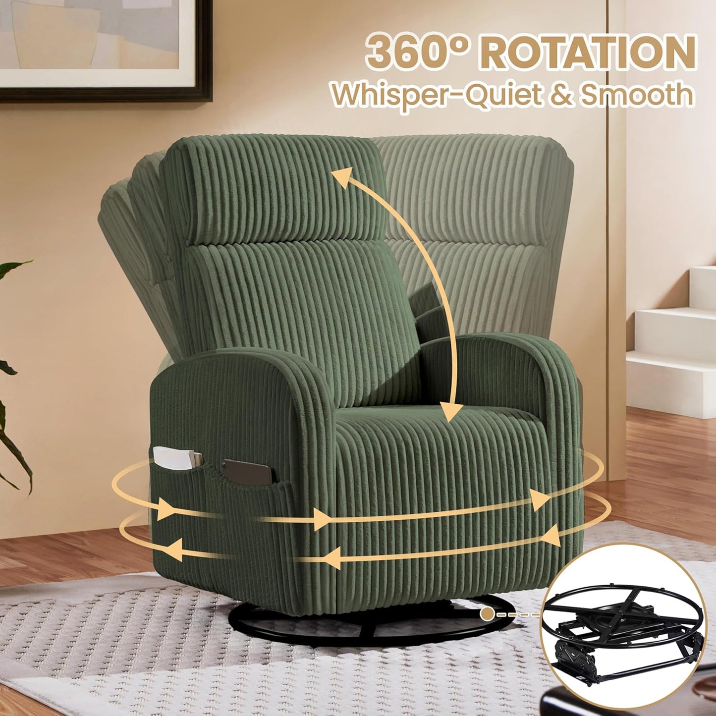 Yaheetech 360° Swivel Glider Chair for Nursery, Rocking Chair Nursing Chair with Side Pockets, Corduroy Glider for Living Room with High Back Beige