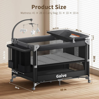 GAIVE 4 in 1 Baby Bassinet, One-Push Setup Pack and Play, Bedside Crib Sleeper with 3 Height Adjustable，Diaper Changer, Come with Comfy Mattress, Rotating Toy Bar, from Infants to Toddlers (Grey)