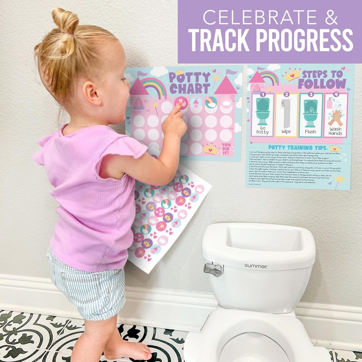 Hadley Designs Potty Training Chart for Toddlers Girls -10 Sticker Potty Chart for Toddlers Girls, 8.5x11" Potty Training Sticker Charts for Toilet Success, Unicorn Toddler Reward Chart for Kids