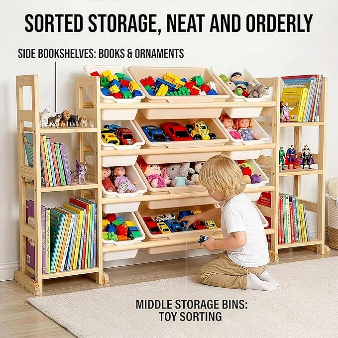 Amdermi Kids Toy Storage Organizer, 52" W White 6-Shelf Bookcase with 12 Bins, Cubby Unit for Toddler Playroom & Bedroom Organization