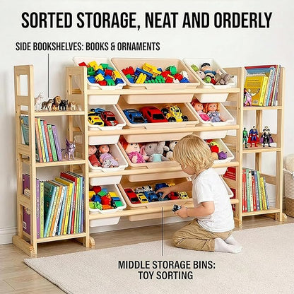 Amdermi Kids Toy Storage Organizer, 52" W White 6-Shelf Bookcase with 12 Bins, Cubby Unit for Toddler Playroom & Bedroom Organization