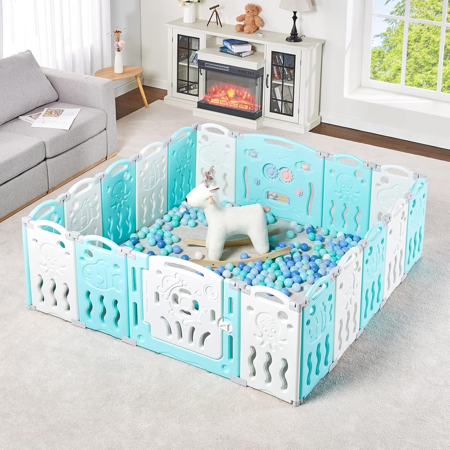 Albott Baby Fence Kid Playpen 18 Panel Albott Play Yard - Foldable Kids Safety Activity Center Playard Safety Lock Gate,Adjustable Shape, Portable Design for Indoor and Outdoor (18 Panel, Grey+White)