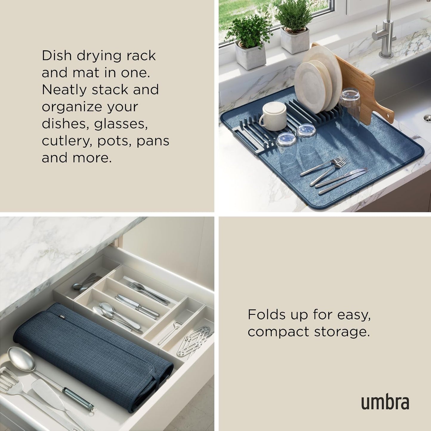 Umbra Udry Dish Rack and Microfiber Drying Mat – Space-Saving Design Folds Up for Easy Storage, Mini Rack, Gray