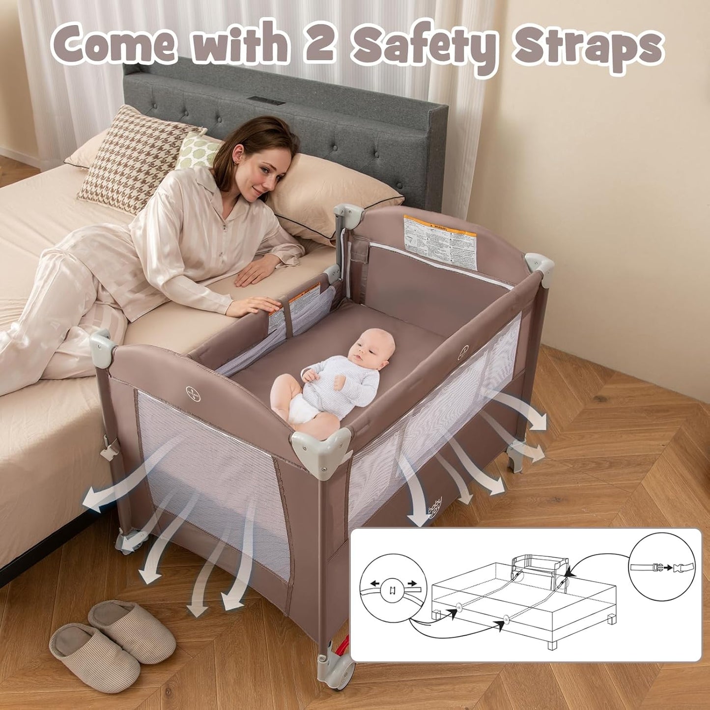 BABY JOY 5-in-1 Pack and Play, Portable Baby Bedside Sleeper with Bassinet, U-Shaped Diaper Changer, Safety Strap, Side Zipper Entrance, Hangings, Bedside Crib Playard from Newborn to Toddlers (Gray)
